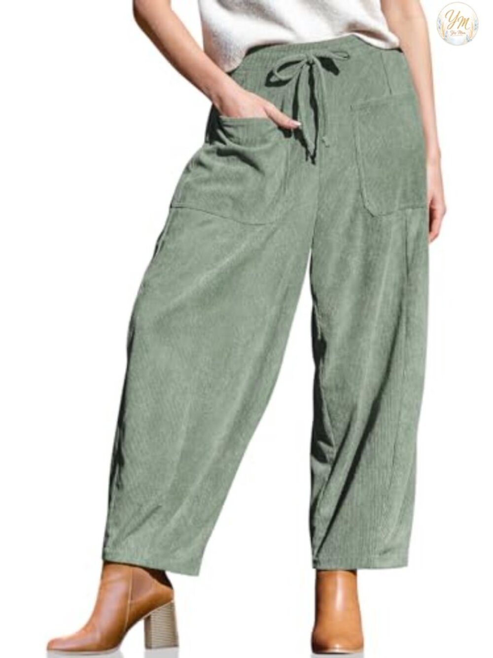 Corduroy Barrel Pants High Waist Drawstring Wide Leg